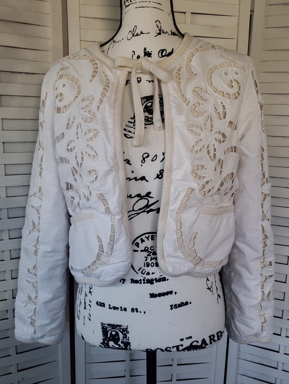 And Now This Women's White Cutout Lace Trim Jacket with Tie Closure S